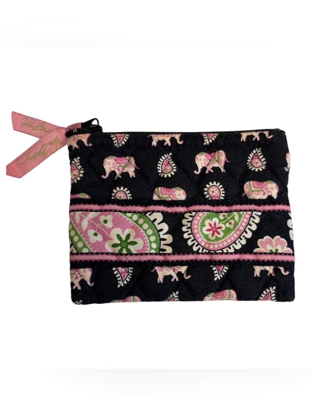 Vera Bradley Black Pink Paisley Elephant Quilted Coin Pouch zip closure
